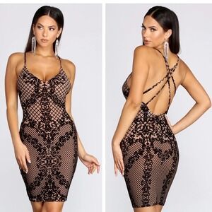 NWT Windsor Taupe Black Sheer Damask Flocked Velvet Bodycon Open Back Size M